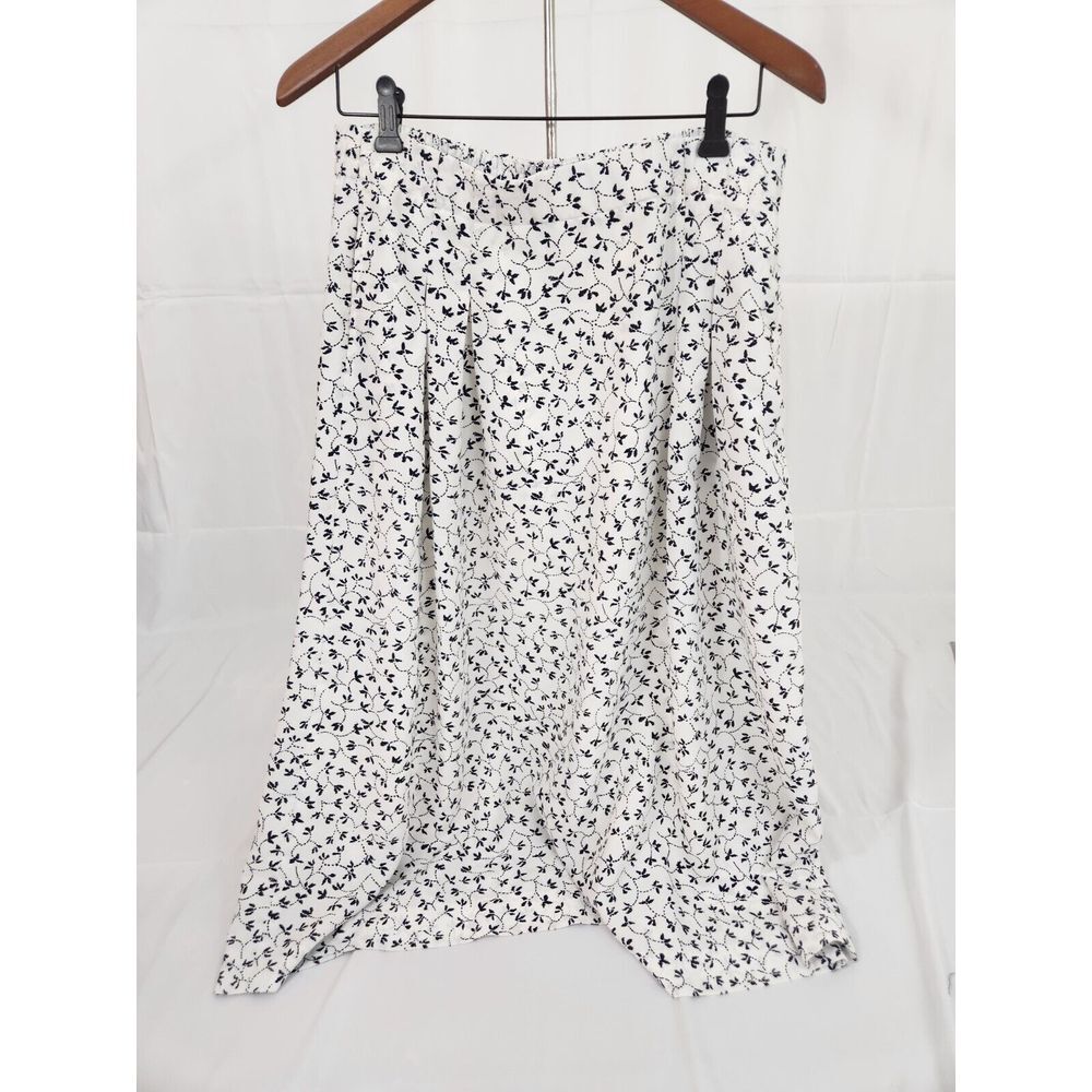 Bleyle Vintage Floral Midi Skirt Navy Blue White Pleated‎ Elastic Waist Size 12